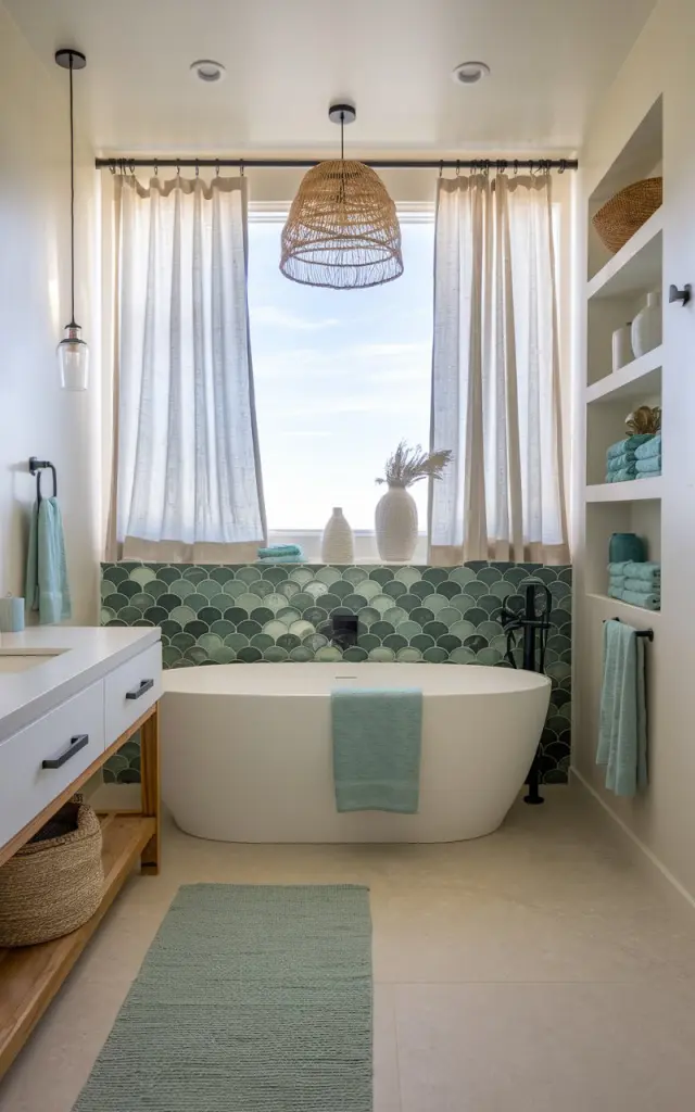 A photo of a sleek coastal-modern bathroom with a green fish-scale tile pattern backsplash behind a freestanding white soaking tub. The tiles range from seafoam to emerald green. Clean lines and minimalist fixtures in matte black contrast beautifully with natural driftwood accents and sandy beige walls. A large window lets in plenty of natural light, revealing soft coastal décor—like woven baskets, sea glass vases, and linen curtains gently swaying in the breeze. The bathroom is fully furnished with essentials such as a vanity, floor rug, open shelves, pendant light, etc.