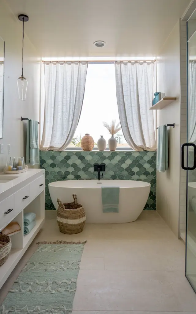 A photo of a coastal-modern bathroom with a sleek design. The bathroom has a green fish-scale tile pattern installed as a backsplash behind a freestanding white soaking tub. The bathroom has matching seafoam green towels and floor rug. A large window lets in plenty of natural light, revealing soft coastal décor—like woven baskets, sea glass vases, and linen curtains gently swaying in the breeze. 