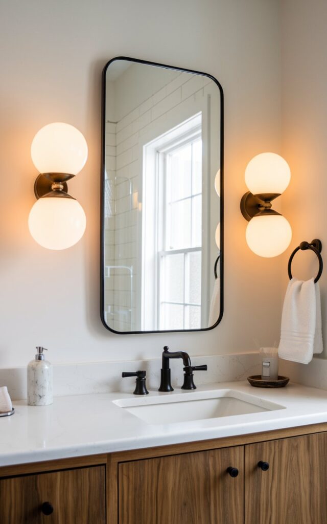 A photo of a mid-century modern bathroom with clean white walls and minimalist fixtures. Mounted on either side of a frameless mirror are wall sconces with elegant globe lights, emitting a warm, ambient glow. The space is accented with wood tones and matte black hardware, blending vintage 1950s style with modern simplicity for a chic, timeless look.