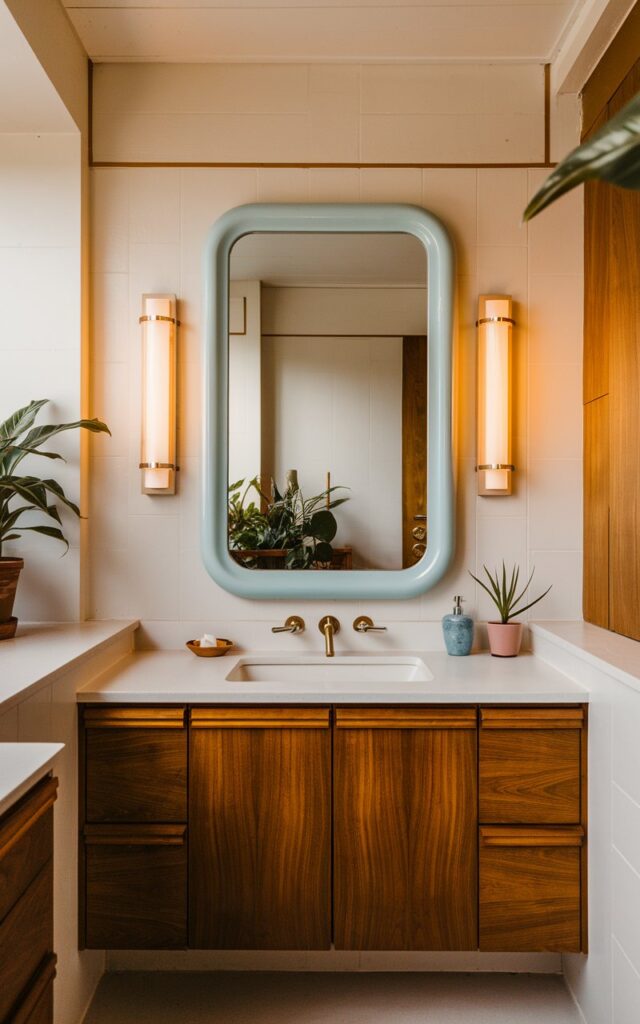 A photo of a mid-century modern bathroom with Bauhaus influence. The room has a sleek design with clean geometric lines. The bathroom features a vintage mirror framed in pastel blue, which stands out against the smooth white walls and warm wood cabinetry. The room is fully furnished, with a vanity and warm wall scones on either side of the vanity. There are also plants in the bathroom.