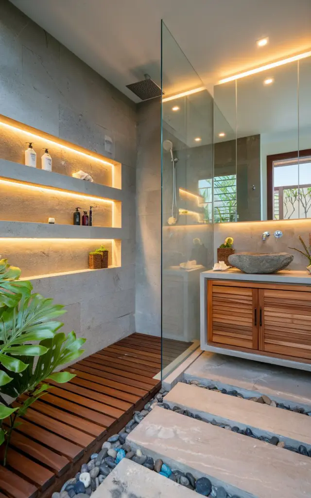 A photo of a sleek modern Balinese bathroom with a clearly defined wet shower area separate from the dry zone featuring the vanity and toilet. The shower niche is recessed into natural stone walls and lined with warm, waterproof LED strips that softly illuminate shelves holding artisanal soaps and tropical bath essentials. Rich textures like teak wood slats, smooth river stones on the floor, and lush green plant add organic warmth. The dry area features minimalist cabinetry with clean lines, a stone vessel sink, and bamboo accents. The LED lighting adds a tranquil, spa-inspired glow that perfectly balances modern luxury with island serenity.