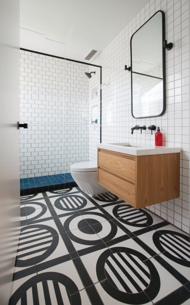 A photo of a slick modern Bauhaus-inspired bathroom with a minimalist layout and bold geometric character. The floor is tiled with striking black-and-white patterns, featuring interlocking circles, grids, or abstract shapes, that embody classic Bauhaus design principles. Clean-lined fixtures in matte black contrast with white walls and a floating vanity in warm oak. A frameless rectangular mirror and wall-mounted faucet emphasize functional simplicity. Pops of primary color, such as a red soap dispenser or a cobalt blue towel, are placed sparingly for balance. The patterned floor becomes the room's centerpiece, grounding the space in structured creativity while keeping the rest of the room open and uncluttered.