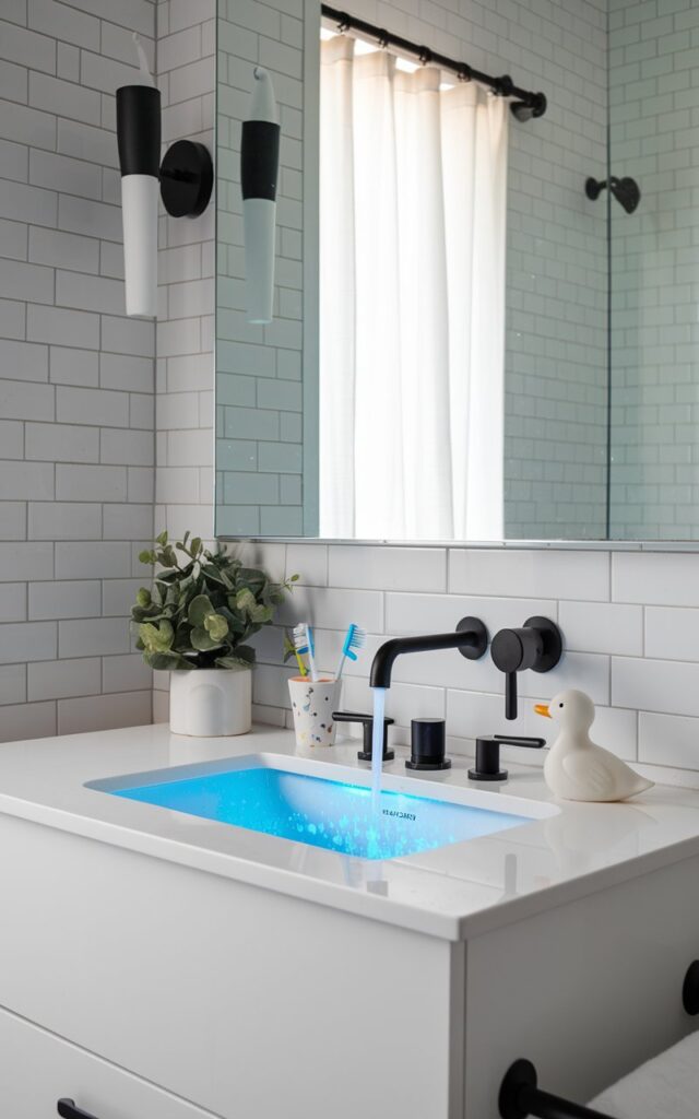 A photo of a sleek modern kids' bathroom with a minimalist white vanity and a futuristic faucet that glows bright blue when the water is running. The faucet's LED light creates a fun, magical vibe that delights kids while encouraging good hygiene. There is a duck-shaped soap dispenser, quirky toothbrush holders, and a faux plant on the vanity. The walls are covered with smooth white subway tiles and light gray grout. Matte black fixtures and a frameless mirror add sharp contrast. Soft natural light enters the bathroom from a curtained window nearby.