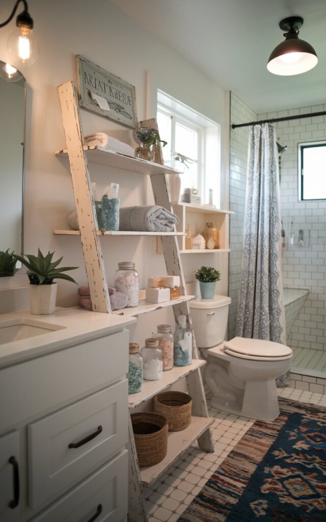 A photo of a cottagecore bathroom with a distressed skinny ladder shelf. The shelf is used to hang towels, display decor, plants, and jars with bath salts. The bathroom has a sleek vanity, a few open shelves above the toilet, a curtained window, a patterned rug, a shower area, and a ceiling pendant light. The light is on.