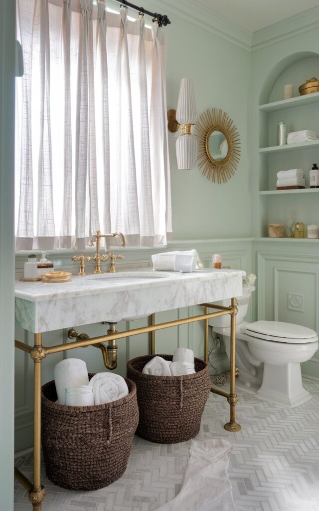 A photo of a light and breezy California coastal bathroom with elegant regal touches. There is a marble-topped vanity with two handwoven rattan baskets on the floor, holding rolled white towels, luxe bath oils, and polished gold containers. The vanity is against a backdrop of soft seafoam green walls with wainscoting. There is brass hardware and a sunburst mirror. Light filters through sheer linen curtains, dancing across a herringbone tile floor. The space also has a toilet and open shelves with essentials.