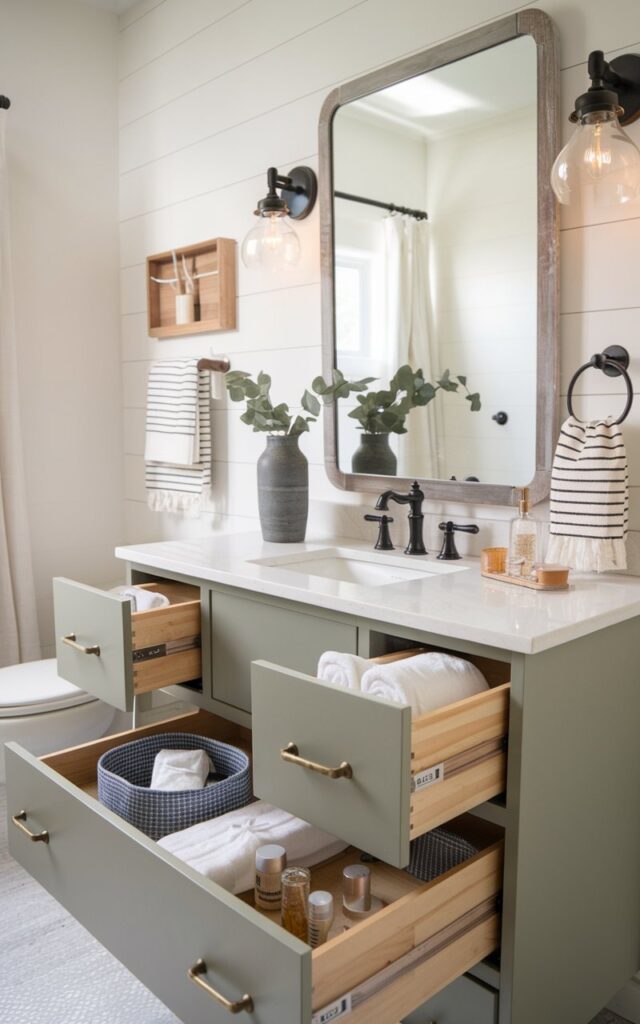 A photo of a small modern farmhouse bathroom with a blend of crisp white walls and soft wood tones. The focal point is a sleek, shaker-style vanity in matte charcoal or muted sage with deep, brass handle drawers. The drawers are slightly open, revealing neatly rolled towels, glass jars of makeup brushes, and woven organizers filled with skincare products. A white quartz countertop with subtle veining adds a polished touch, paired with a matte black faucet. Above, a large rectangular mirror with a reclaimed wood frame is flanked by classic farmhouse sconces (Warm light on). A ceramic vase with eucalyptus sprigs and a striped Turkish towel add soft, rustic charm to the clean, modern layout. The bathroom also has a toilet, curtained window, glass door shower area, floor rug, and ceiling pendant light. The focus is on the sleek vanity with deep drawers.