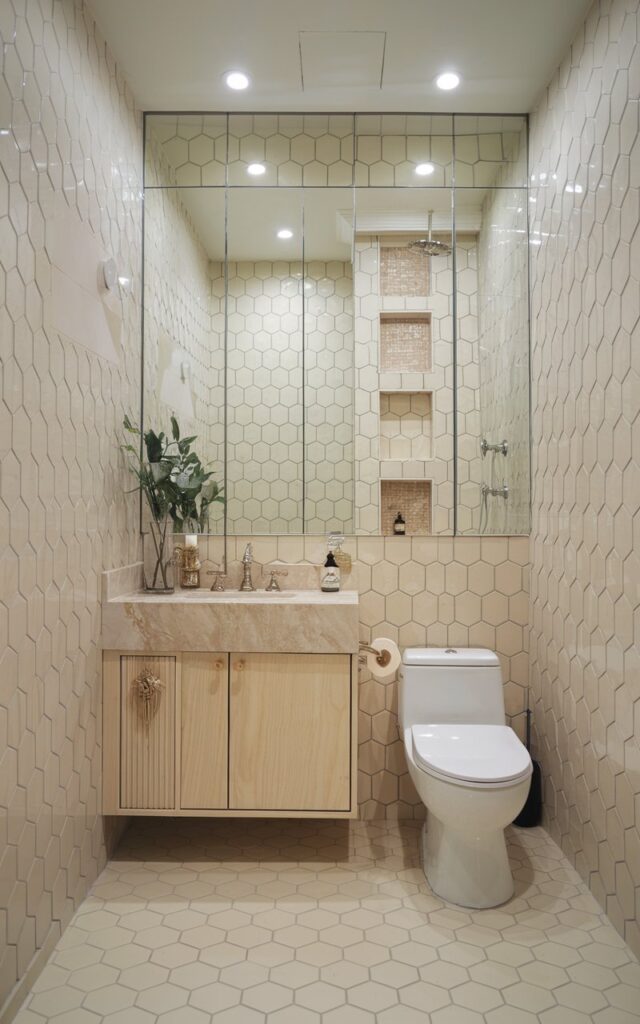 A photo of a small modern glam bathroom with light-colored tile in a large hexagonal pattern. The bathroom is furnished with essentials, including a vanity, mirror, and fixtures. The vanity has a marble countertop and houses a sink. There is a shower and a toilet in the bathroom. The walls and floor are made of creamy beige tile. The room has a few decorative items, such as a plant and a candle. The lighting is modern and bright.