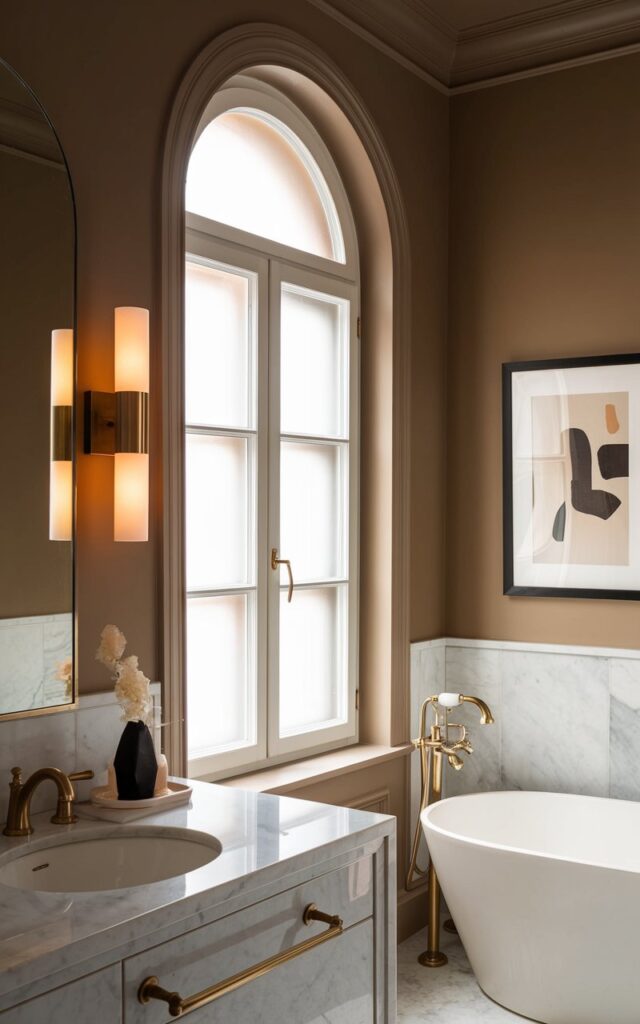 A photo of a small, refined modern European-style bathroom. The walls and window trim are painted in a warm, muted greige tone. There is a large arched window that lets in soft natural light. The room has a sleek marble countertop, brass fixtures, and minimalist sconces. A freestanding tub is placed nearby. A framed abstract artwork is hung on the wall, adding a touch of luxury. The overall vibe of the room is chic, understated, and polished.