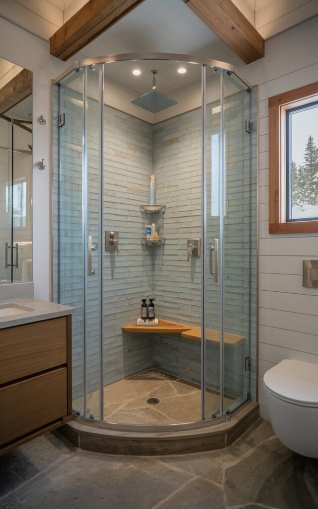 A photo of a luxurious bathroom with a compact glass shower unit in the corner. The shower has soft, curved edges and is framed in brushed nickel. The interior of the shower features stacked sea-glass blue tiles paired with matte stone flooring. There is a rainfall showerhead, a shower caddy with essentials, and a sleek teak shower bench. The space has minimalist fixtures and a warm pine ceiling beam. The bathroom also has a sleek vanity, a floating toilet, and white shiplap walls. The room has a window with a snowy pine landscape. The natural light is soft.