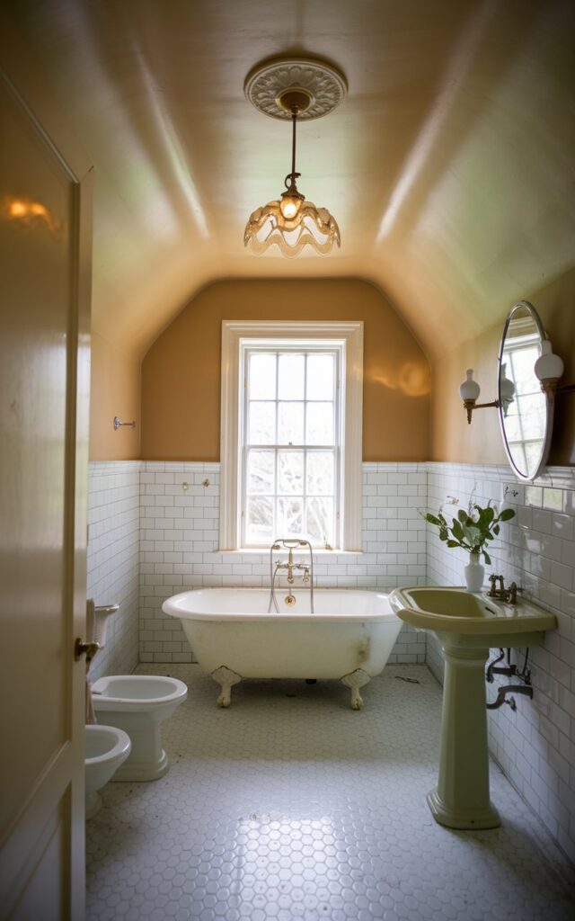A softly lit vintage bathroom with a ceiling painted in a warm, creamy ivory + a small vintage chandelier (With light on) that gently reflects natural light. The subtle hue brings warmth and elegance to the space, perfectly complementing soft pastel walls. Below, a clawfoot tub, pedestal sink, and antique brass fixtures add timeless charm. The ivory ceiling creates a cocoon-like effect—inviting, serene, and slightly romantic—making the entire room feel like a cozy, lived-in retreat from another era.
