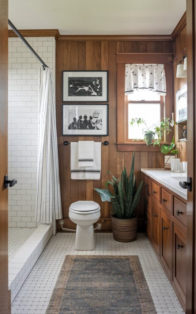 A photo of a Craftsman-meets-chic bathroom with warm wood paneling, built-in cabinetry, and clean white tilework. There is a toilet, shower area, curtained window, floor rug, a few plants, a vanity, and a towel rack. The walls above the towel rack are adorned with three black-and-white art prints in slim black frames, arranged gallery-style.