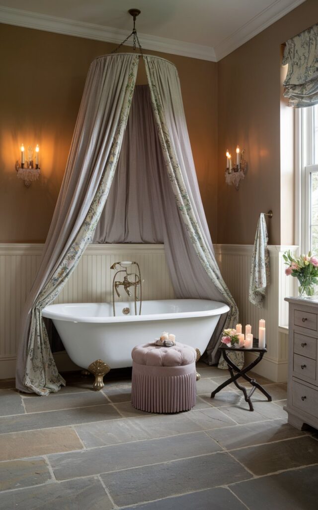A photo of a spacious modern English countryside bathroom. There is a freestanding tub with a light, flowing fabric canopy in muted ivory or soft floral print drapes hanging from the ceiling, surrounding the tub. The walls are painted in warm neutrals or wrapped in subtle wallpaper, with beadboard or paneling below. Natural stone flooring, antique brass fixtures, and a classic wooden vanity bring a grounded elegance. A tufted stool, vase of fresh garden flowers, and flickering candles add to the storybook charm of this serene hideaway.