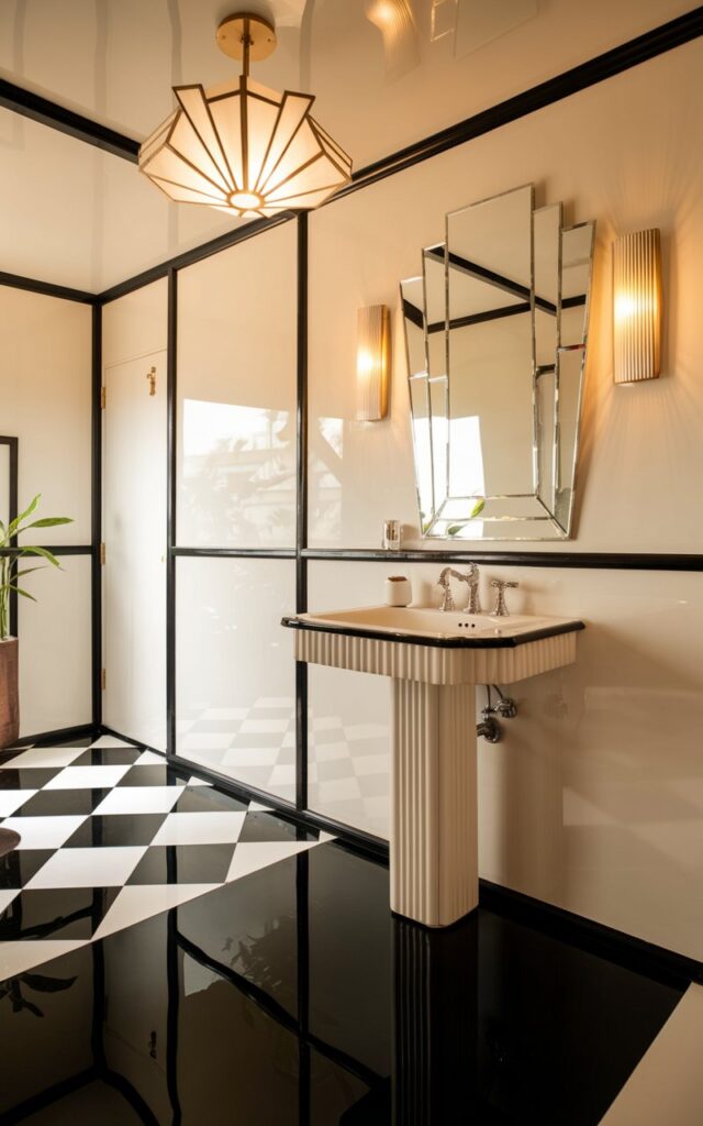A photo of a retro Art Deco-inspired bathroom with a bold black-and-white color scheme. The floor is a glossy black and white checkerboard pattern. The walls are white with sleek black trim. There is a pedestal sink with fluted edges and chrome fixtures. Above the sink is a vintage-inspired mirror with a geometric frame. There are gold sconces on the wall and a statement Deco pendant light. The light is warm. The room is well-lit. There are a few plants in the room.