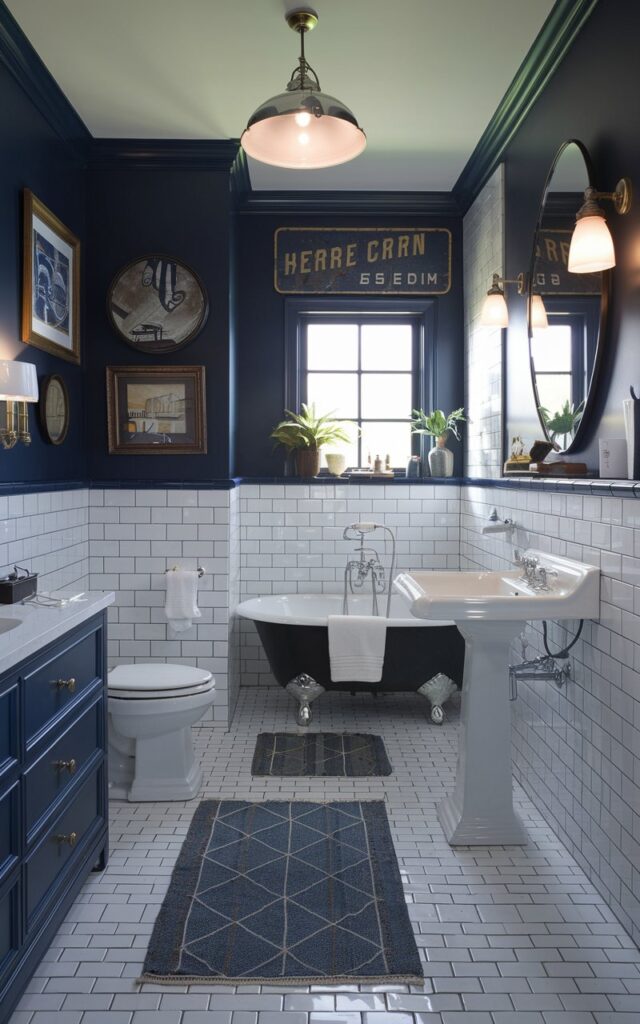 A photo of a stylish Americana-inspired bathroom with a chic flair. The room has rich navy blue walls and crisp white porcelain fixtures. There is a traditional clawfoot tub, a pedestal sink, and subway tile with sharp, clean lines. The space has a vintage signage nod, framed art, brass accents, and a sleek mirror. The bathroom has a vanity, a toilet, a floor rug, a ceiling pendant light, and a few plants.
