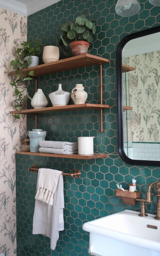 A photo of a stylish bathroom with an Art Deco glam and modern cottagecore style. The bathroom has a wall of rich emerald green hex tiles as a bold backdrop. An open wooden shelf holds vintage ceramics, potted plants, and delicate linen towels. There are geometric brass accents and a black-framed mirror. The walls have soft floral wallpaper. The bathroom has natural wood elements. The mix of styles feels fresh, eclectic, and inviting.
