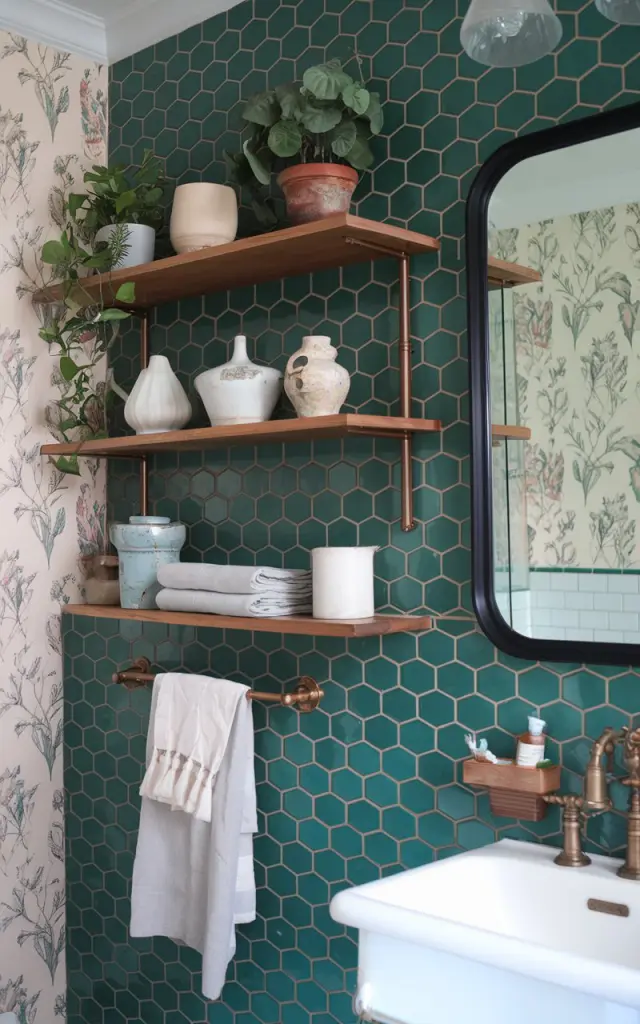 A photo of a stylish bathroom with an Art Deco glam and modern cottagecore style. The bathroom has a wall of rich emerald green hex tiles as a bold backdrop. An open wooden shelf holds vintage ceramics, potted plants, and delicate linen towels. There are geometric brass accents and a black-framed mirror. The walls have soft floral wallpaper. The bathroom has natural wood elements. The mix of styles feels fresh, eclectic, and inviting.