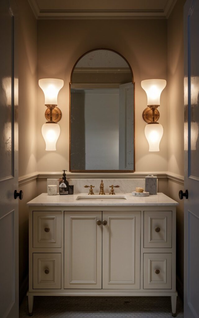 A photo of a stylish bathroom blending vintage charm with modern simplicity. The room features two frosted glass sconces flanking a classic mirror above a sleek yet timeless vanity. The sconces have antique brass bases, paired with softly glowing frosted shades that cast a warm, flattering light. The mirror is slightly arched or framed in aged gold, while the vanity combines clean lines with vintage-inspired hardware. The walls are painted in a muted neutral tone, and subtle details like a marble countertop or patterned floor tile complete the look. The vanity and bathroom are fully furnished. There is no natural light.