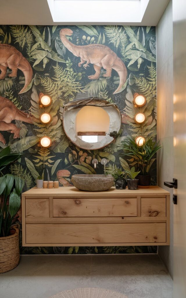 A stylish biophilic-chic kids’ bathroom where nature meets whimsy, featuring a vanity backsplash covered in playful dinosaur-themed wallpaper. The dinos are illustrated in earthy greens, soft browns, and muted ochres, surrounded by ferns and jungle leaves that echo biophilic design principles. The wallpaper acts as a lively yet tasteful focal point behind a sleek floating vanity with warm-lit wall scones made of natural oak, topped with a stone basin. The room includes potted plants, bamboo accessories, and a skylight that pours in natural light, blending fun prehistoric elements with modern organic elegance.