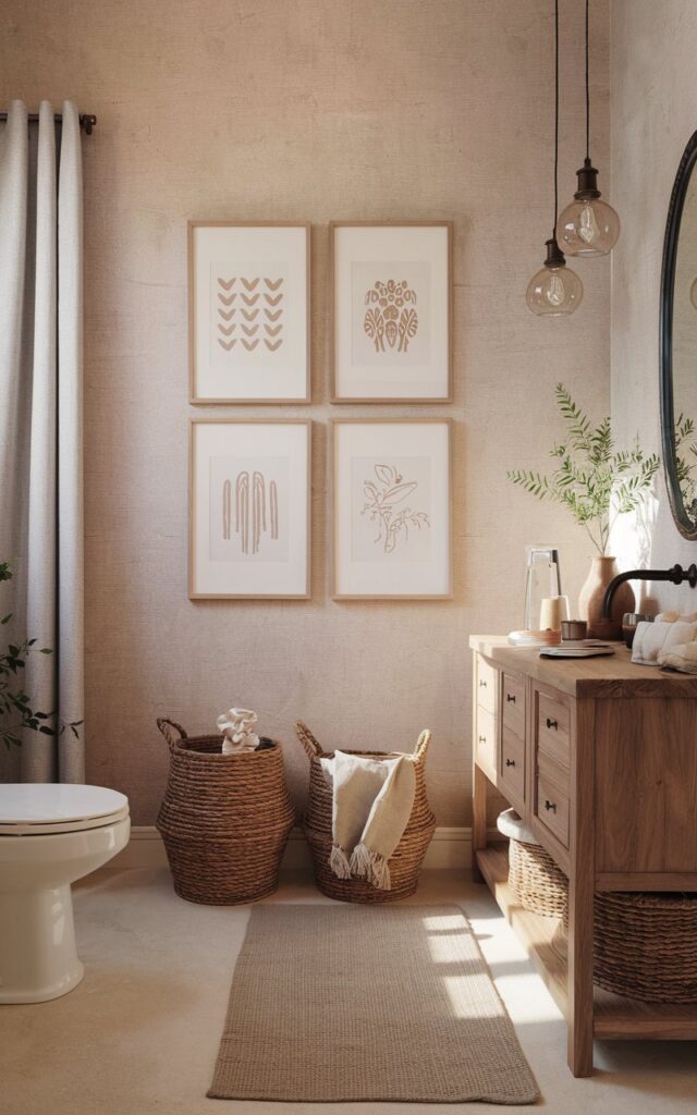 A photo of a traditional Boho minimalistic bathroom with a warm, textured light linen wallpaper wall. There are 2-3 framed minimal tribal or countryside-inspired artworks arranged thoughtfully on the wall. The frames are simple wood or black metal. The artworks showcase abstract tribal patterns or delicate countryside line drawings in muted earth tones. The space includes woven baskets for storage, a rustic wooden vanity with clean lines, and soft linen textiles. Natural light filters gently, highlighting handcrafted pottery and a few greenery accents, creating a cozy yet uncluttered Boho vibe grounded in tradition and simplicity. The bathroom has a toilet, shower area, floor rug, pendant lights, and a curtained window.