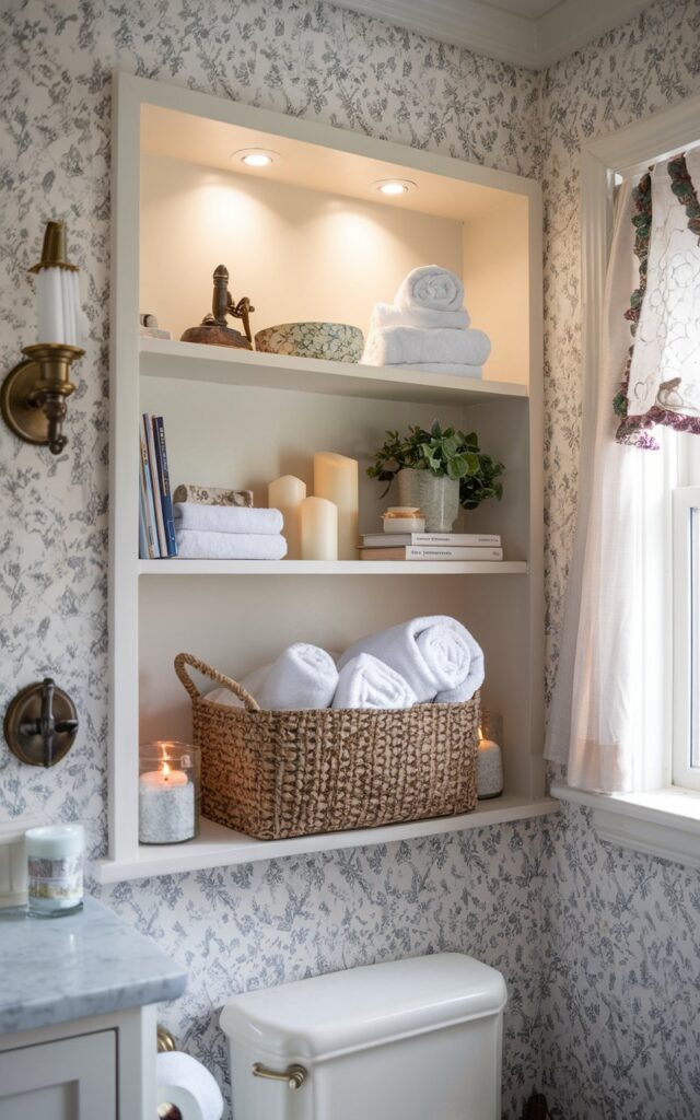 A photo of a traditional-meets-cottagecore white bathroom with a floral wallpaper. There is a woven basket on an open shelf containing rolled white towels. Soft spotlights above gently highlight the setup. The shelf also has a few candles, books, a plant, and decor. The shelf is surrounded by floral wallpaper, and nearby, antique brass fittings and dainty accessories complete the cozy, nostalgic atmosphere. The bathroom has a vanity, a toilet, and a curtained window.