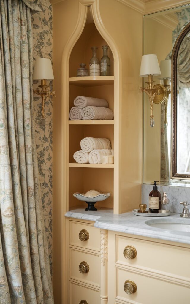 A photo of a traditional-style bathroom with a slim, built-in wooden shelf tucked neatly between a classic vanity and the side wall. The shelf is painted in a warm cream to match the vanity, with elegant molding that blends seamlessly into the design. It holds rolled washcloths, antique glass bottles, and a vintage trinket dish. The vanity is topped with marble and adorned with polished nickel hardware. The surrounding space features floral wallpaper, brass sconces, and a gilded mirror.