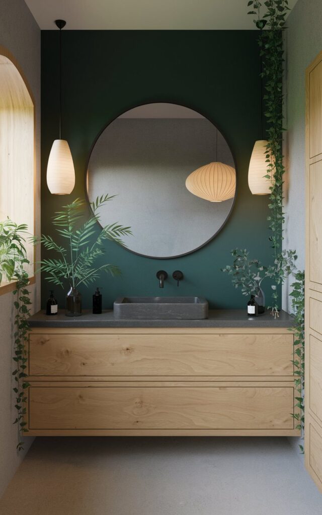A photo of a tranquil bathroom with Asia Zen and Japandi aesthetics. The bathroom has a deep forest green accent wall with pendant lights on either side. There is a minimalist wooden vanity with a smooth stone countertop, black matte fixtures, and light ash wood cabinetry. A large round mirror reflects soft natural light from a paper-shaded pendant lamp. There are indoor plants, like bamboo and trailing ivy, which enhance the connection to nature.
