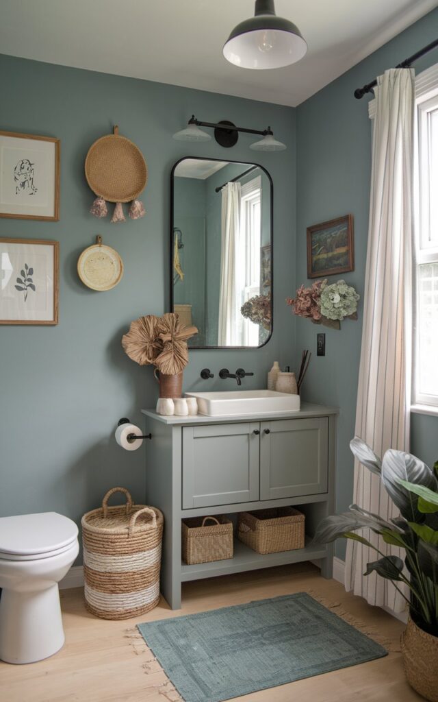 A photo of a tranquil cottagecore-meets-modern bathroom with walls painted in a soft dusty blue and framed countryside art. The room has a frameless mirror, a floating vanity, and matte black fixtures. There are woven baskets, dried flowers, and handmade ceramic accessories. The bathroom also has a toilet, curtained window, floor rug, ceiling pendant light (light on), and a few plants.