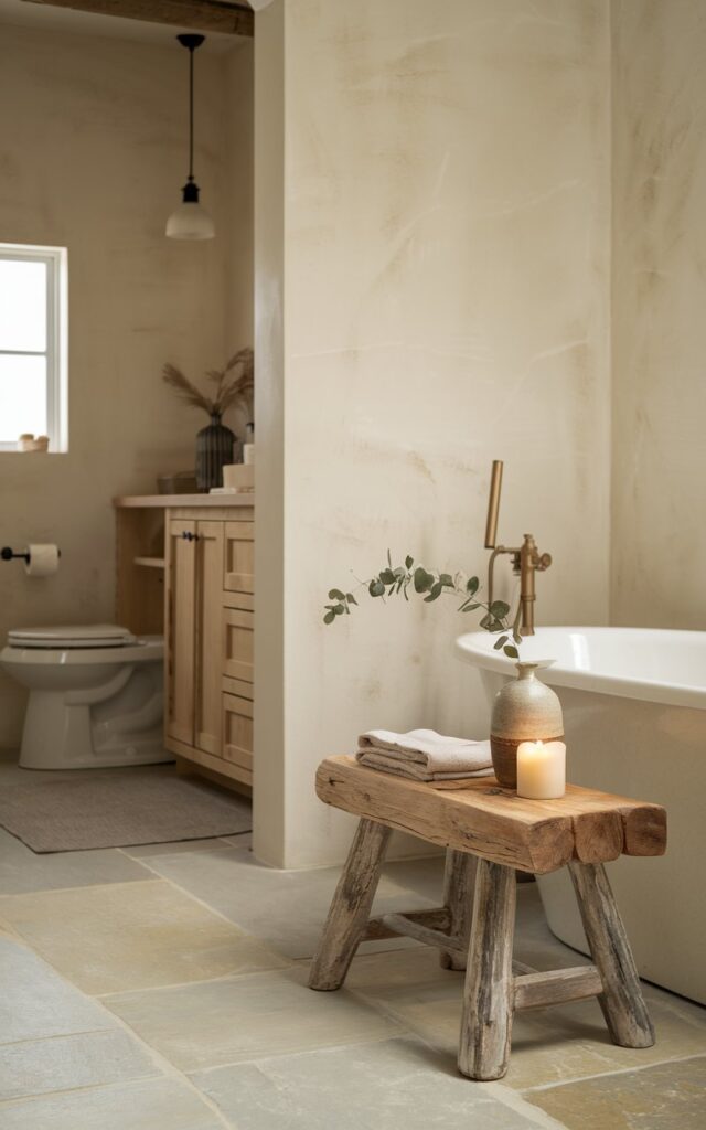 A photo of a tranquil farmhouse bathroom with Japandi influences. The room features a small rustic wooden stool with a raw, natural finish placed beside a freestanding tub. The stool holds a folded linen towel, a soy candle, and a sprig of greenery in a ceramic vase. The space is minimal yet warm, with soft beige walls, smooth stone floors, and simple wooden accents. Clean lines meet organic materials, creating a calm, functional space where farmhouse charm blends seamlessly with Japanese and Scandinavian simplicity. The bathroom has a vanity, pendant light, rug, and a toilet.