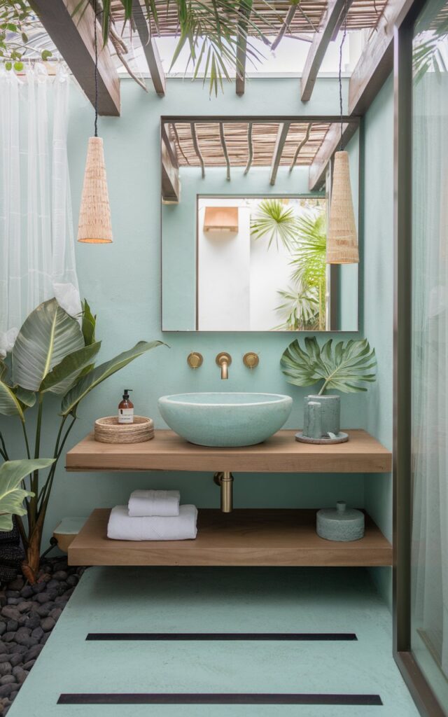 A photo of a tranquil modern Balinese-inspired bathroom with chic flair. The bathroom features a stunning ceramic sink basin in soft aqua tone, which sits atop a sleek floating wood vanity. The vanity is surrounded by natural textures like rattan, teak, and smooth stone. The soft aqua hue evokes the serenity of Bali's coastal waters. The bathroom has minimal brass fixtures and clean lines, bringing in modern elegance. Tropical greenery, sheer curtains, and ambient lighting are also present in the bathroom, creating a breezy, spa-like retreat with just the right touch of sophistication.