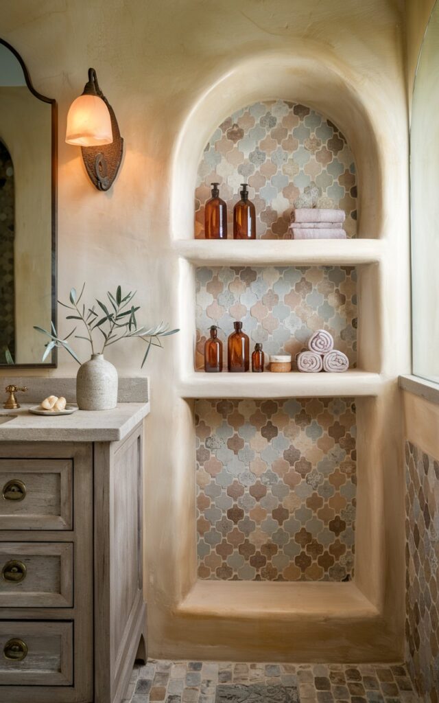 A photo of a transitional Mediterranean bathroom with warm, creamy plaster walls and a soft arched recessed niche built into the shower. The niche is tiled with patterned ceramic or zellige tiles in muted terracotta, sand, and soft blue tones. Inside the niche, neatly arranged essentials like amber glass bottles, natural sponges, and rolled towels sit alongside a small olive branch in a ceramic vase. The surrounding space features a mix of classic and modern elements—shaker-style vanity with brass hardware, stone countertop, and a wrought iron sconce (warm light on). Arched mirror and mosaic floor tiles complete the cozy yet refined ambiance.