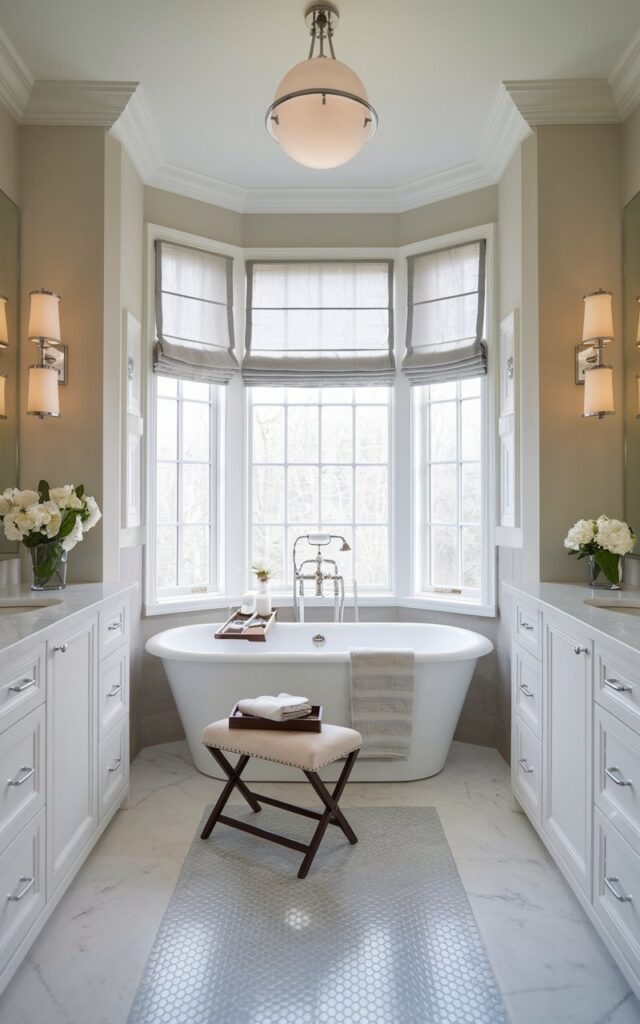 A photo of a transitional bathroom with a clean, balanced design blending traditional and modern elements. A freestanding soaking tub sits beneath a large window with soft Roman shades or linen drapery. Nearby, a sleek yet classic wooden or upholstered stool is "floated" beside the tub—unanchored and movable, offering practical elegance. The stool holds a folded towel, a small book, or a tray with bath salts. The space features neutral tones, shaker-style cabinetry, marble or quartz surfaces, and polished nickel fixtures. Soft lighting from wall sconces and a central pendant keeps the mood inviting and timeless.