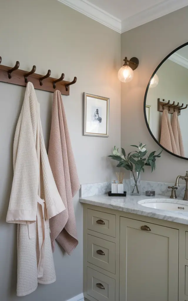 A photo of a transitional chic bathroom with a blend of classic elegance and modern simplicity. There is a row of wooden walnut pegs mounted on a painted wall. A waffle-knit ivory robe and a few neutral-toned towels hang from the pegs. The space features shaker-style cabinetry, a marble countertop, brushed brass fixtures, and a large round mirror with a slim black frame. The decor includes a framed print, a small vase with fresh greenery, and soft overhead lighting.
