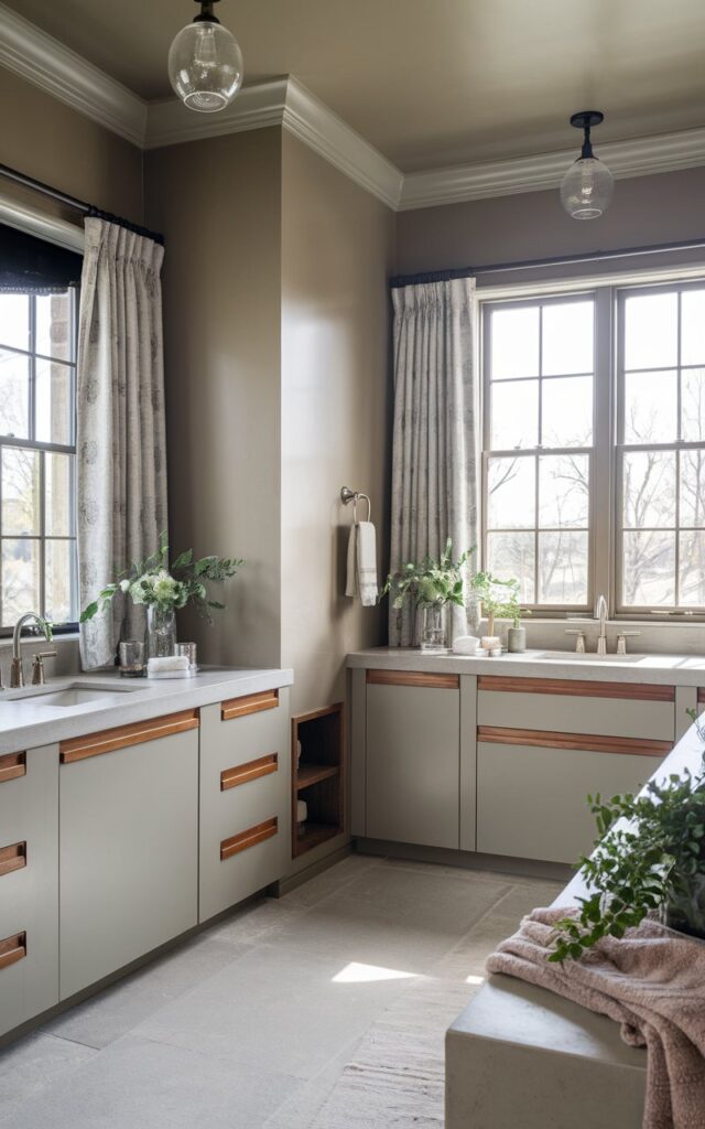 A photo of a transitional style bathroom painted in a sophisticated greige tone. The room has a sleek, modern cabinetry with soft gray finishes and warm wood accents. The natural stone countertop adds texture to the space. There are large windows with curtains that let in natural light. The room has clean lines and minimalist fixtures in brushed nickel. The ceiling has pendant lights. Plush textiles and greenery are added for softness.