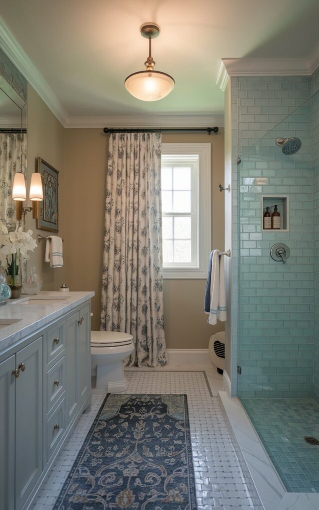 A photo of a transitional-style bathroom with a balanced blend of traditional and modern elements. There is a vanity, a toilet, a curtained window, a floor rug, and a ceiling pendant light. The small area near the shower wall is accented with icy blue glass tiles.