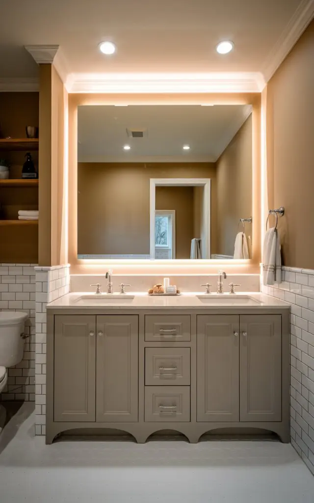 A photo of a transitional-style bathroom with no windows. The room features a large rectangular backlit mirror mounted above a double-sink vanity. The soft, even LED glow from behind the mirror provides gentle, shadow-free illumination, highlighting the smooth quartz countertop and polished nickel fixtures. The vanity is a blend of classic and modern—shaker-style cabinetry in a muted greige tone with sleek hardware. Walls are painted in a warm, neutral hue, complemented by subtle subway tile accents. Recessed ceiling lights add ambient support, but the mirror lighting remains the star, creating a calm, balanced atmosphere despite the absence of natural light. The bathroom also has a toilet, open shelves, etc.