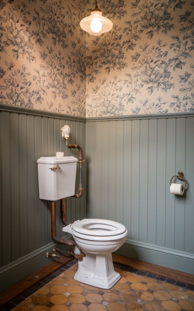 A photo of a vintage bathroom with a traditional pull-chain toilet with a high-mounted ceramic tank and exposed brass or copper piping. The toilet sits beneath floral or toile-patterned wallpaper. Vertical shiplap walls are painted in a soft heritage color like dusty blue or olive green. The floor features classic hex tiles or warm-toned wood. A frosted glass pendant light hangs above, casting a gentle glow. The space has a refined, nostalgic atmosphere full of quiet character.