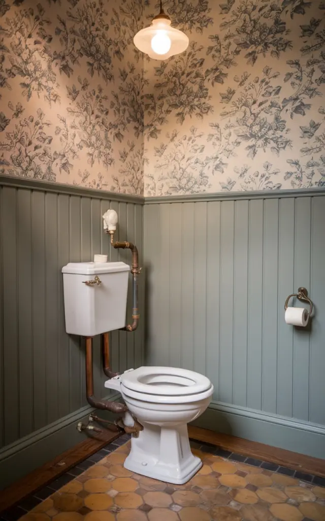 A photo of a vintage bathroom with a traditional pull-chain toilet with a high-mounted ceramic tank and exposed brass or copper piping. The toilet sits beneath floral or toile-patterned wallpaper. Vertical shiplap walls are painted in a soft heritage color like dusty blue or olive green. The floor features classic hex tiles or warm-toned wood. A frosted glass pendant light hangs above, casting a gentle glow. The space has a refined, nostalgic atmosphere full of quiet character.