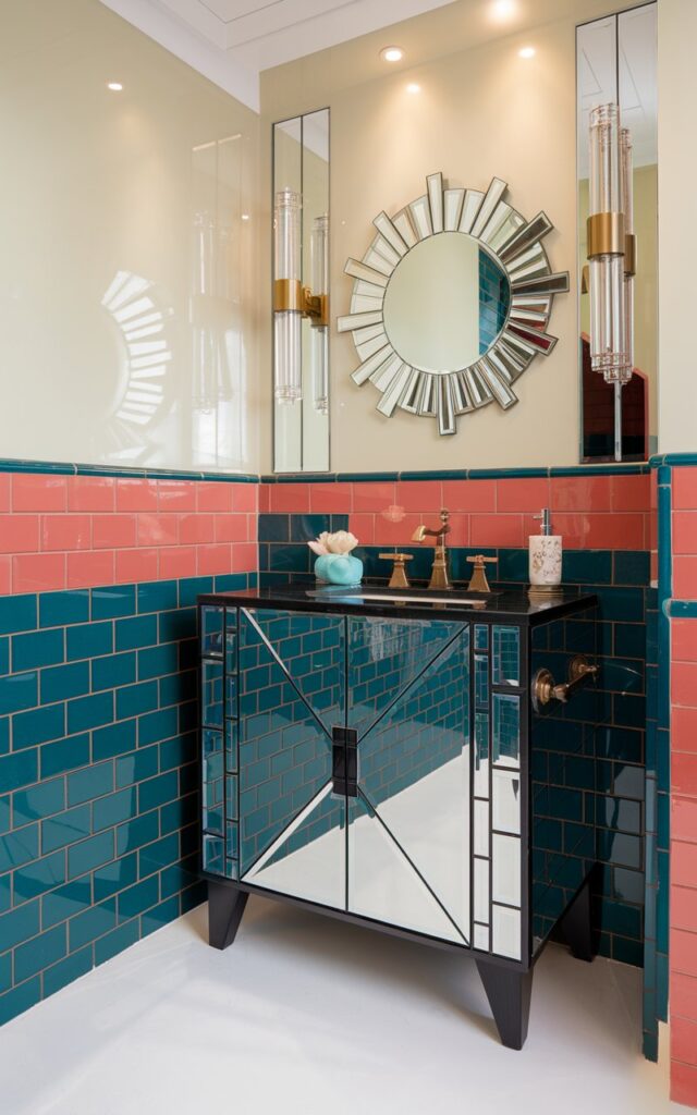 A photo of a vibrant Art Deco kids' bathroom with the lower half of the walls tiled in glossy, bold coral and teal geometric patterns. The upper walls are painted in a soft cream shade. Sleek black and gold fixtures add a luxe touch, with a vanity featuring mirrored panels and angular lines. A sunburst-style mirror hangs above the sink. The floor is white. The overall feel is playful yet sophisticated.