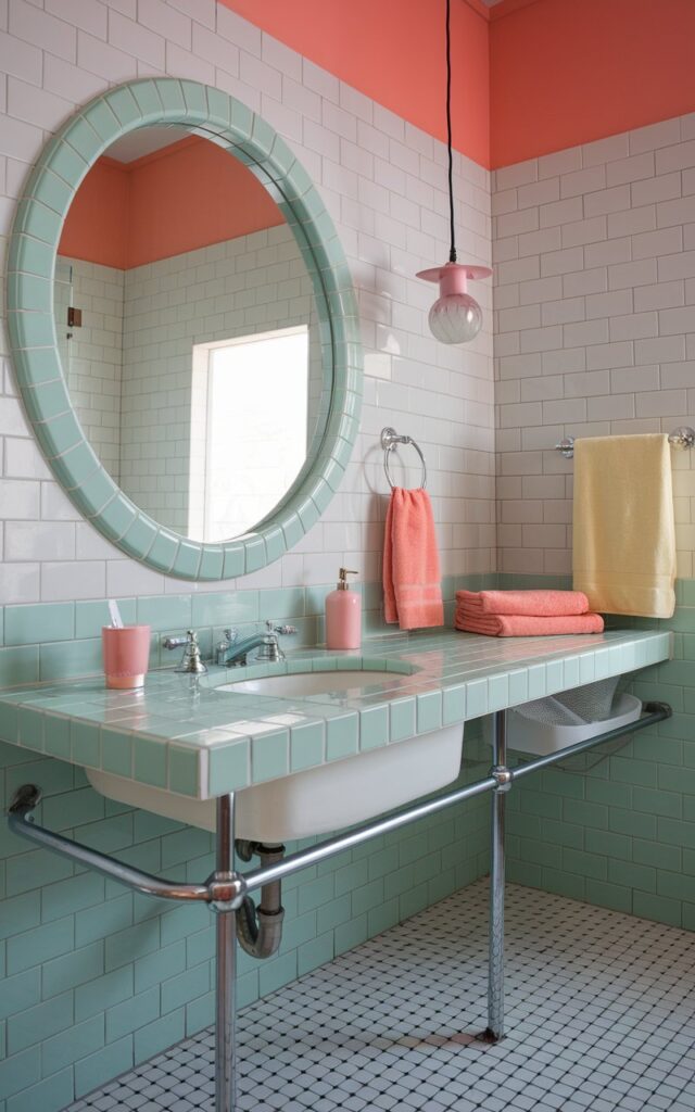 A photo of a vibrant retro bathroom with a large round mirror bordered with mint green ceramic tiles. The mirror has a built-in frame effect. The walls are covered in crisp white tiles. Pops of pastel colors, such as coral and buttery yellow, are visible in the accessories and towels. There is a vintage-style vanity with chrome hardware and a pedestal sink. The floor has a checkerboard pattern. A funky pendant light hangs over the vanity. The overall space has a playful, nostalgic charm.