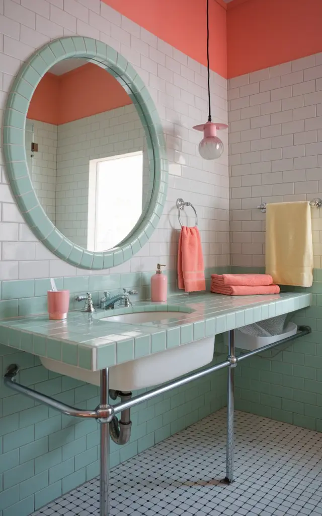 A photo of a vibrant retro bathroom with a large round mirror bordered with mint green ceramic tiles. The mirror has a built-in frame effect. The walls are covered in crisp white tiles. Pops of pastel colors, such as coral and buttery yellow, are visible in the accessories and towels. There is a vintage-style vanity with chrome hardware and a pedestal sink. The floor has a checkerboard pattern. A funky pendant light hangs over the vanity. The overall space has a playful, nostalgic charm.