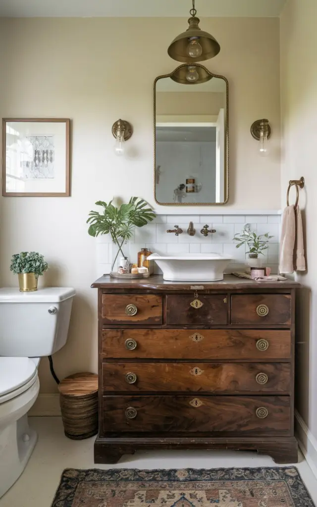 A photo of a vintage bathroom with a repurposed antique dresser transformed into a charming sink vanity. The dresser retains its original wood grain finish—distressed white, muted teal, or deep cherry—with brass knobs. A porcelain vessel sink sits neatly on top, paired with a vintage-style faucet in oil-rubbed bronze. The drawers are modified for plumbing but still offer functional storage, while a gilded mirror hangs above. The vanity has essential items, jars, plants on it. The bathroom also has a toilet, floor rug, warm hanging pendant light, etc.