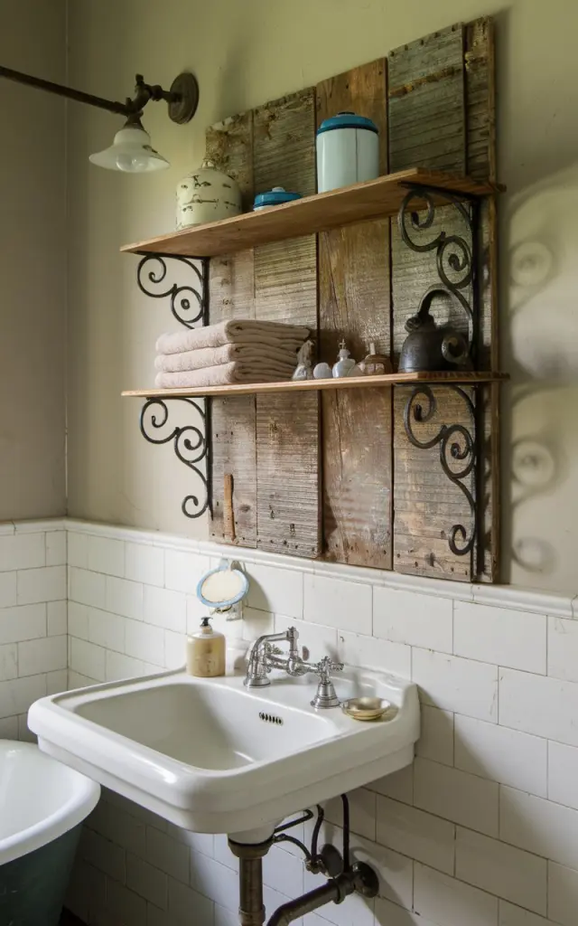 A photo of a vintage bathroom with a rustic wooden wall shelf mounted with ornate, cast-iron brackets. The weathered, natural finish of the wood adds warmth and texture to the space. The brackets have intricate scrollwork, giving the shelf a collected-over-time feel. Above a pedestal sink or next to a clawfoot tub, the shelf holds folded linen towels, enamel jars, and small antique finds, blending practical storage with thoughtful, old-world style.