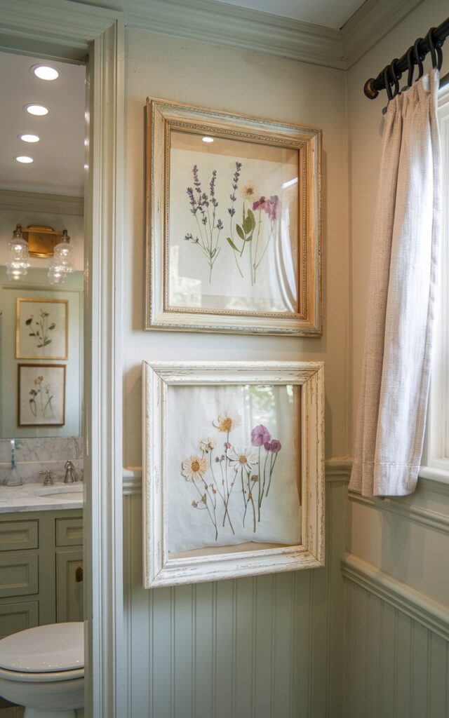 A photo of a vintage bathroom wall adorned with two delicate pressed flower artworks. The artworks are framed in slightly aged, antique-style frames with soft gold, weathered wood, or chipped white finishes. The flowers—lavender, wild daisies, or tiny roses—are gently faded, their colors muted by time, adding a soft romantic charm. The frames are arranged in a casual cluster above beadboard paneling, catching the light from a nearby curtained window. The space also has a vanity, toilet, and a recessed ceiling with LED lights.
