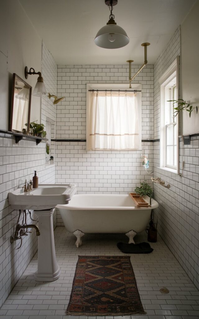 A photo of a vintage bathroom with crisp white subway tiles lining the walls in a classic brick pattern. The dark lines give the tile an old-school, industrial edge while highlighting the clean geometry of each piece. The tiles stretch from floor to mid-wall, paired with aged brass fixtures, a pedestal sink, and a clawfoot tub for timeless appeal. The bathroom also has a curtained window, floor rug, ceiling pendant light, a few plants, etc. Natural light is soft, ambient.