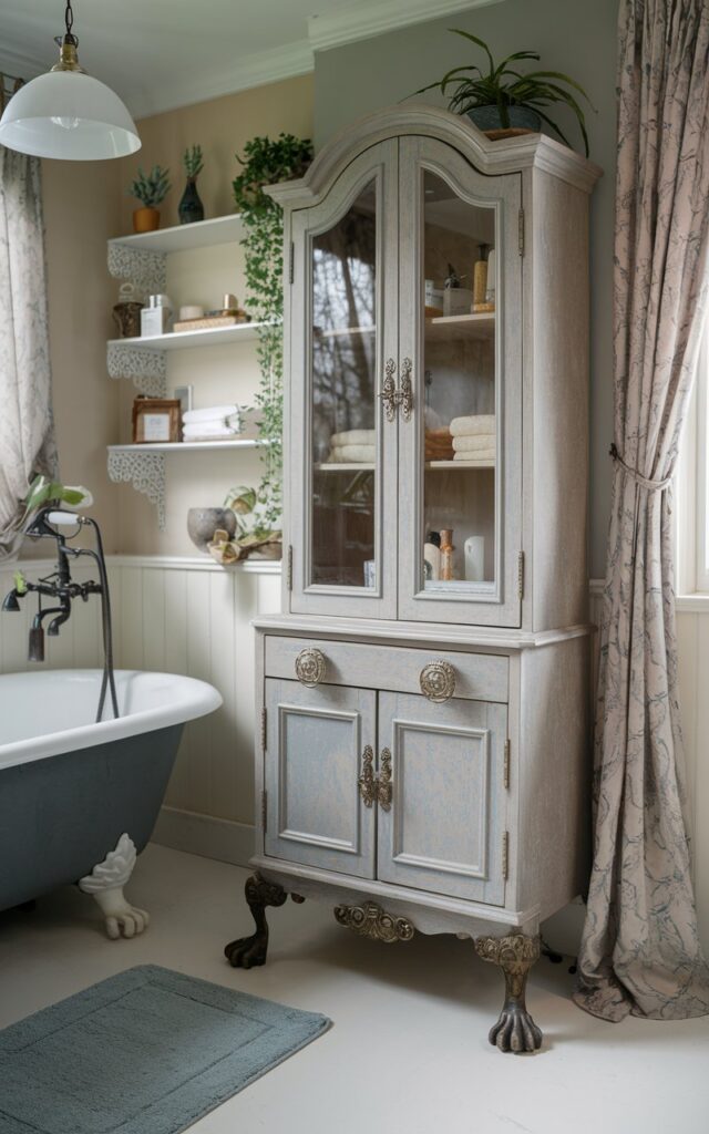 A vintage-inspired bathroom with a standalone cabinet with ornate claw-style feet in aged brass. The cabinet has a weathered finish and features glass-paneled doors and antique-style knobs. It is placed beside a clawfoot tub. The bathroom has a curtained window, open shelves with essentials, a floor rug, a pendant light, and a few plants.
