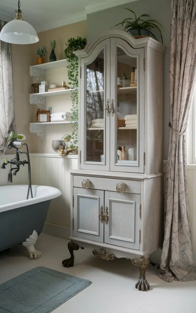 A vintage-inspired bathroom with a standalone cabinet with ornate claw-style feet in aged brass. The cabinet has a weathered finish and features glass-paneled doors and antique-style knobs. It is placed beside a clawfoot tub. The bathroom has a curtained window, open shelves with essentials, a floor rug, a pendant light, and a few plants.