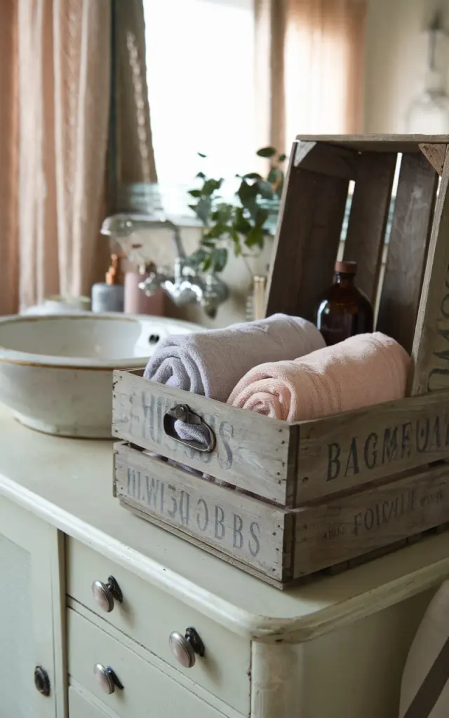 A photo of a vintage-inspired bathroom with a weathered wooden crate. The crate has faded lettering and a metal handle. Inside the crate, there are neat, rolled pastel towels. There's an amber bottle and a plant in the crate as well. The crate sits on a vanity, which has a porcelain vessel sink and other essential items. The room has soft, ambient natural light.