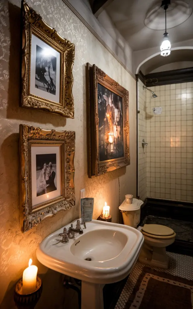 A photo of a vintage-inspired bathroom with a pedestal sink. There are two black-and-white photographs on the wall, elegantly framed in ornate baroque-style frames with aged gold and antique bronze finishes. The wall has a softly patterned wallpaper. A flickering candle casts a warm glow, highlighting the carved details of the frames. The space also contains a vintage shower area, a toilet, a floor rug, and a recessed ceiling with a pendant light.