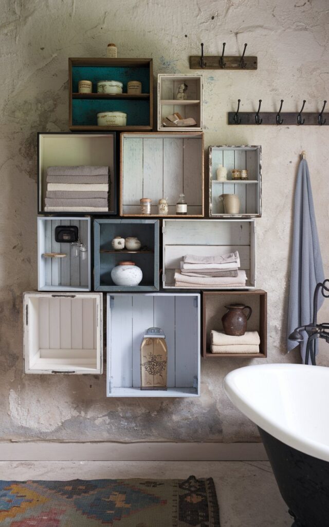 A vintage meets rustic bathroom showcasing a wall display of stacked open box shelves in varying sizes and distressed finishes—think chipped paint, weathered wood, and antique whites. The boxes are arranged in an asymmetrical layout, creating a charming, modular storage wall. Inside, you’ll find old apothecary jars, folded linen towels, and ceramic trinkets that feel lovingly collected. The backdrop is a rough plaster wall. Iron hooks, a clawfoot tub, and a faded kilim rug add character, blending flea-market finds with warm, functional rustic charm.