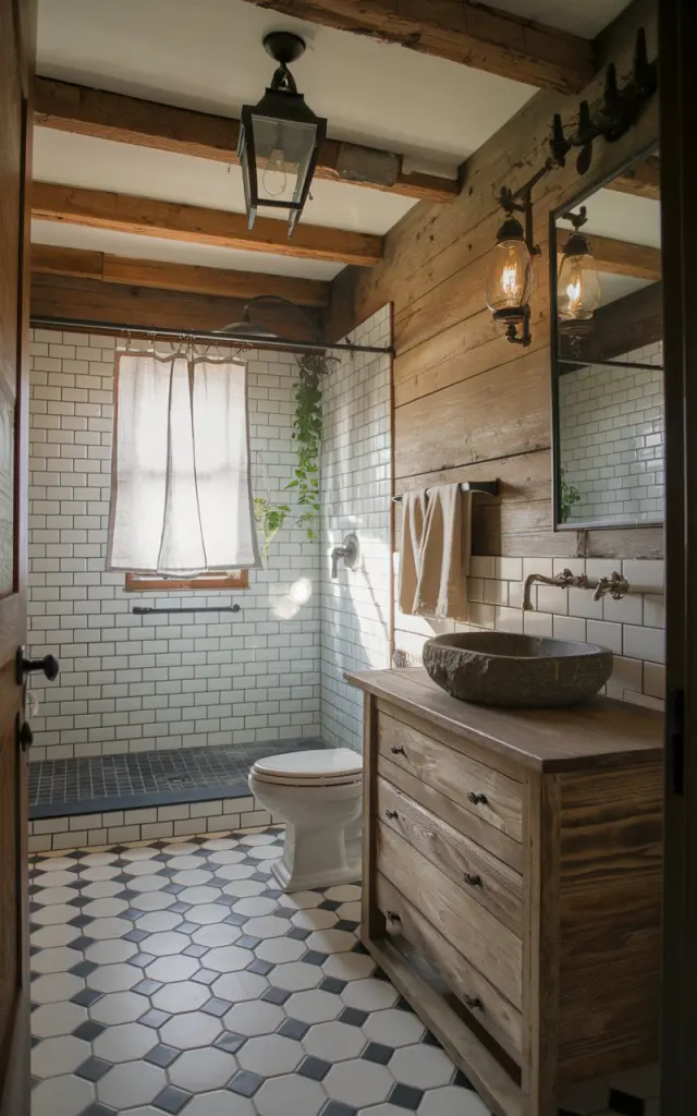 A photo of a vintage rustic bathroom with classic black-and-white checkerboard tile flooring. The tiles contrast with warm, weathered wood accents, like reclaimed wood walls, exposed ceiling beams, and a rustic vanity with a stone sink. A cast-iron towel rack, antique lantern-style lighting, and aged brass fixtures add timeless character. Natural light streams in through a window with a simple linen curtain. The bathroom has a shower area and a toilet. A few plants are added for extra greenery.